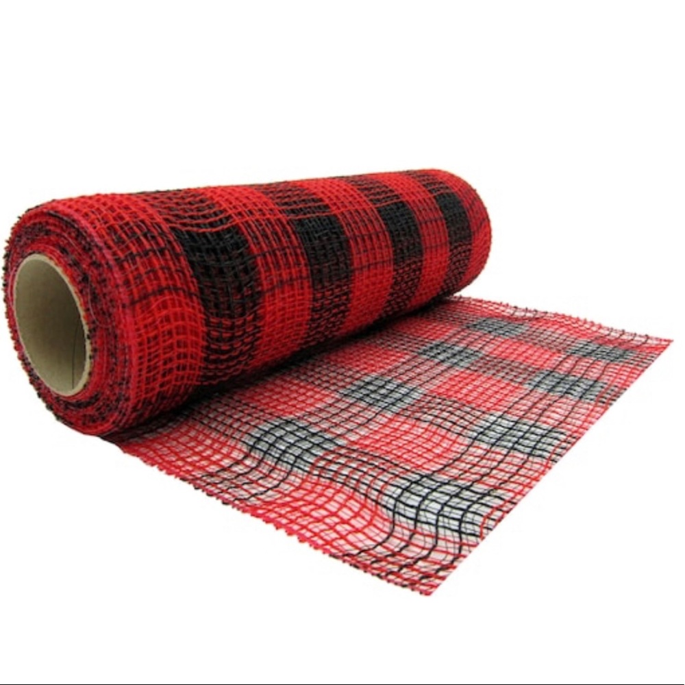 SOLD DECO MESH -Fabric Mesh 10” wide Red & Black Buffalo check (plaid) x 19 feet